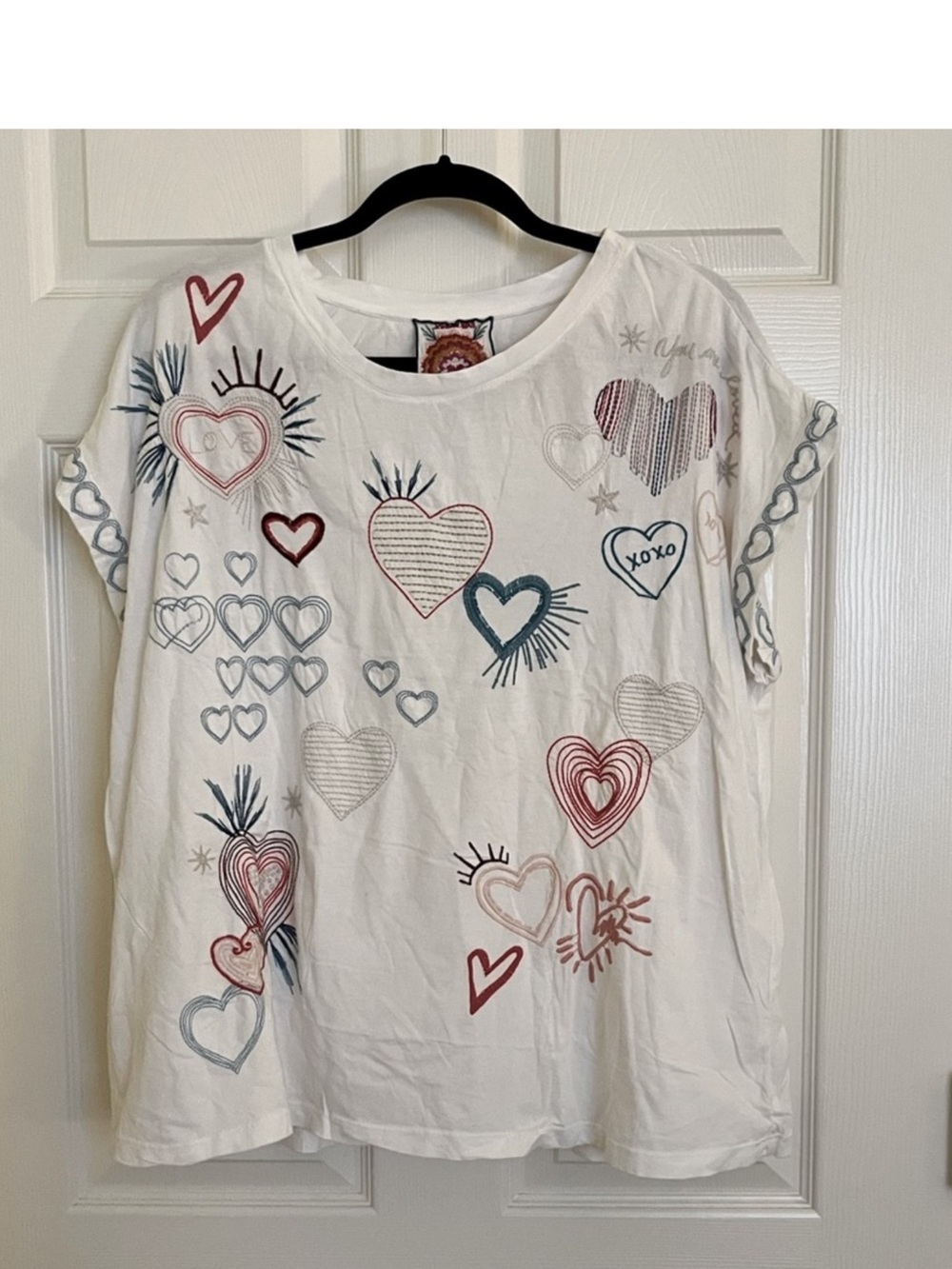 Johnny Was White Tee with Embroidered Red and Blue Hearts